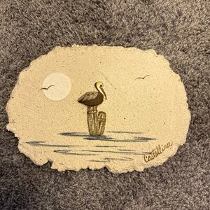 Vintage Hand-Painted Pelican Art on Sand and Plaster. Signed by Castellina